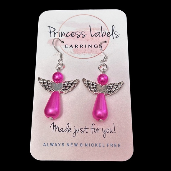Hand Crafted Earrings 3-D Articulating Angel Hot Pink Pearl Silver Plate Wires - Picture 3 of 6
